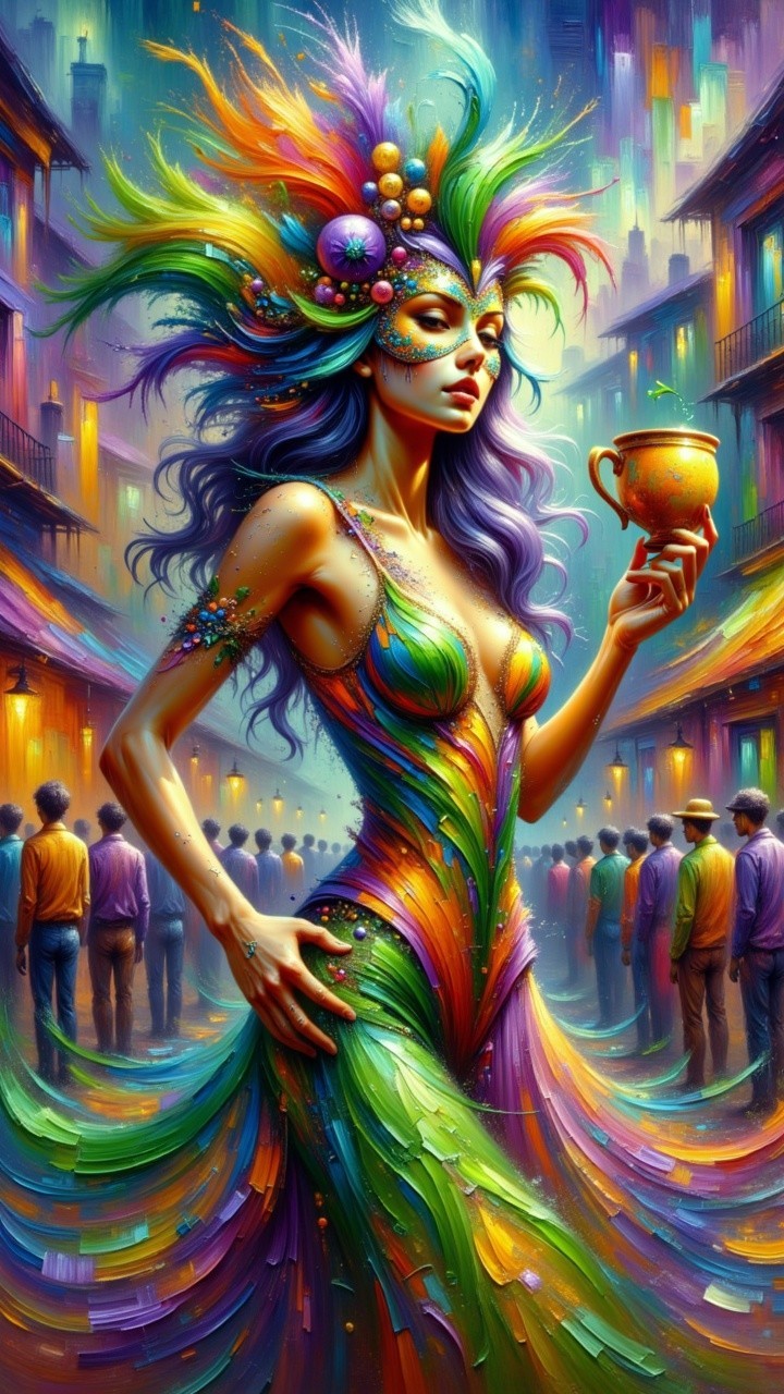 Vibrant Figure in Multicolored Gown Amidst Street Scene