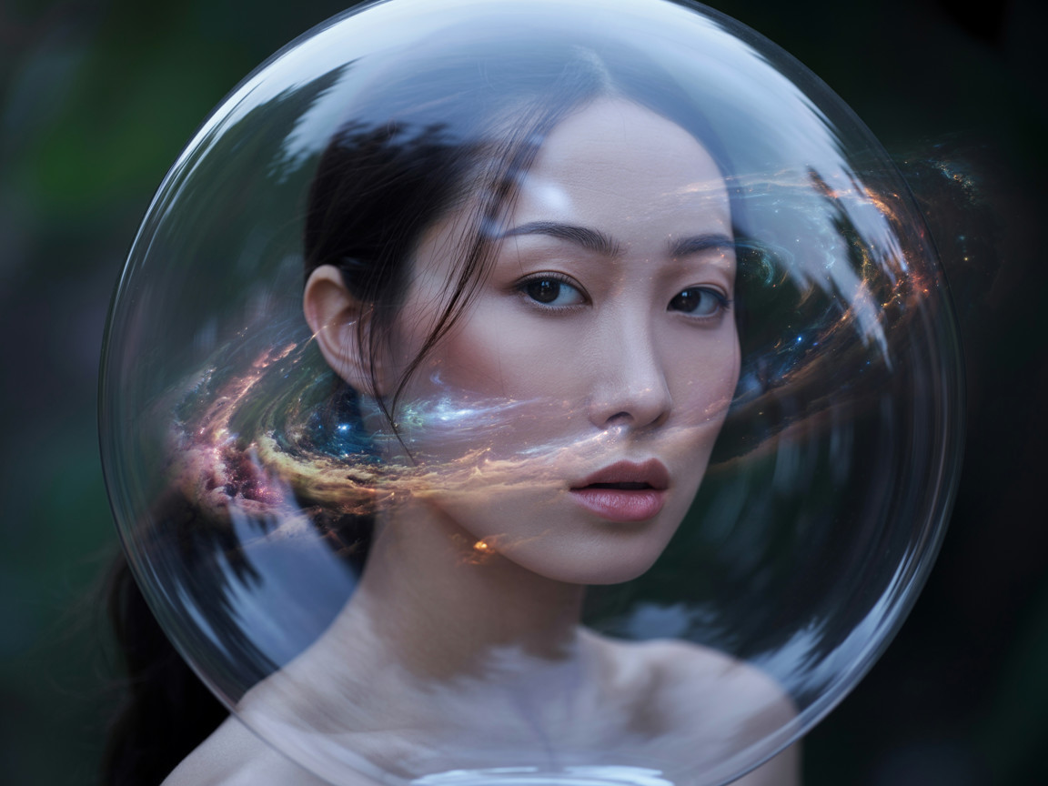 Contemplative Woman in Cosmic Bubble Scene