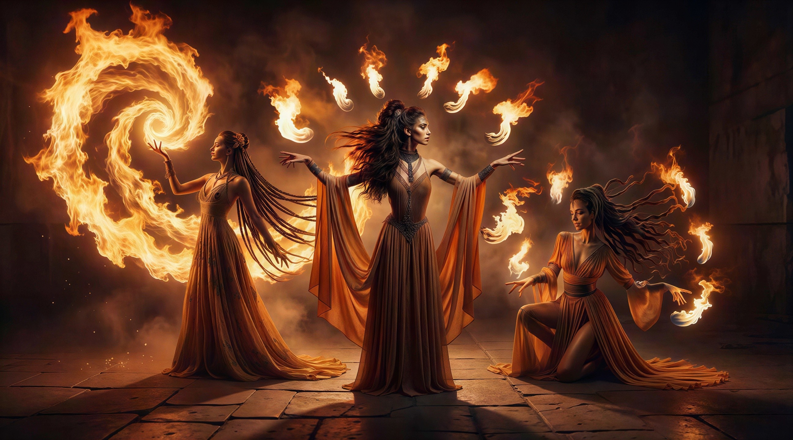 Three Fire Sorceresses Casting Spells in Dark Room