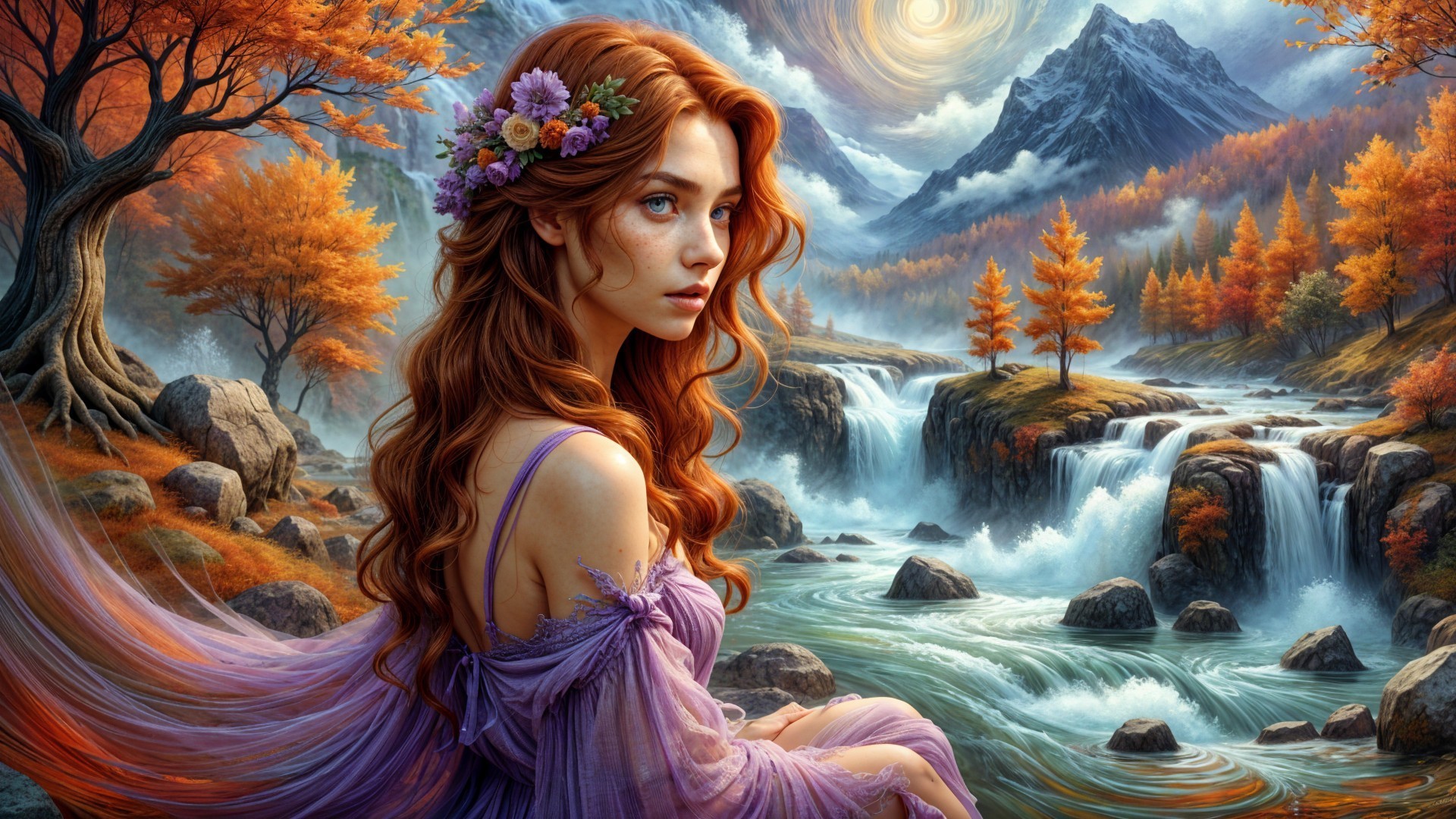 Serene woman with red hair by a waterfall in autumn