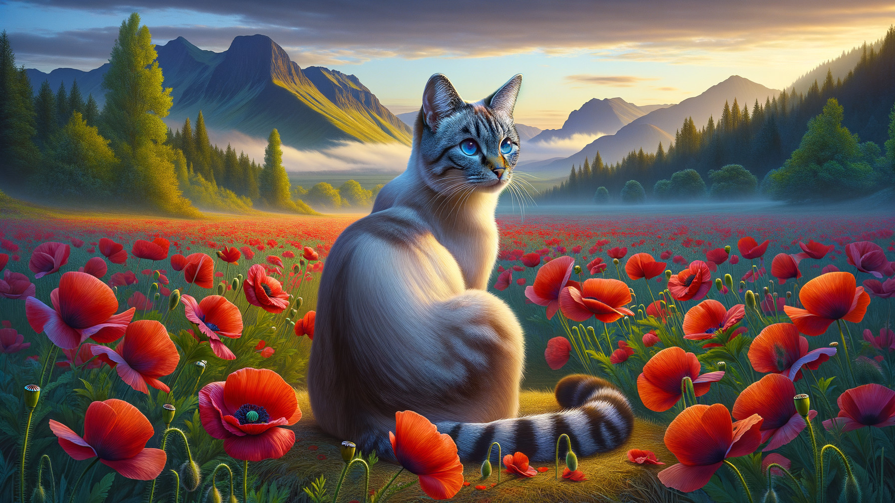 Cat with Blue Eyes in a Field of Red Poppies