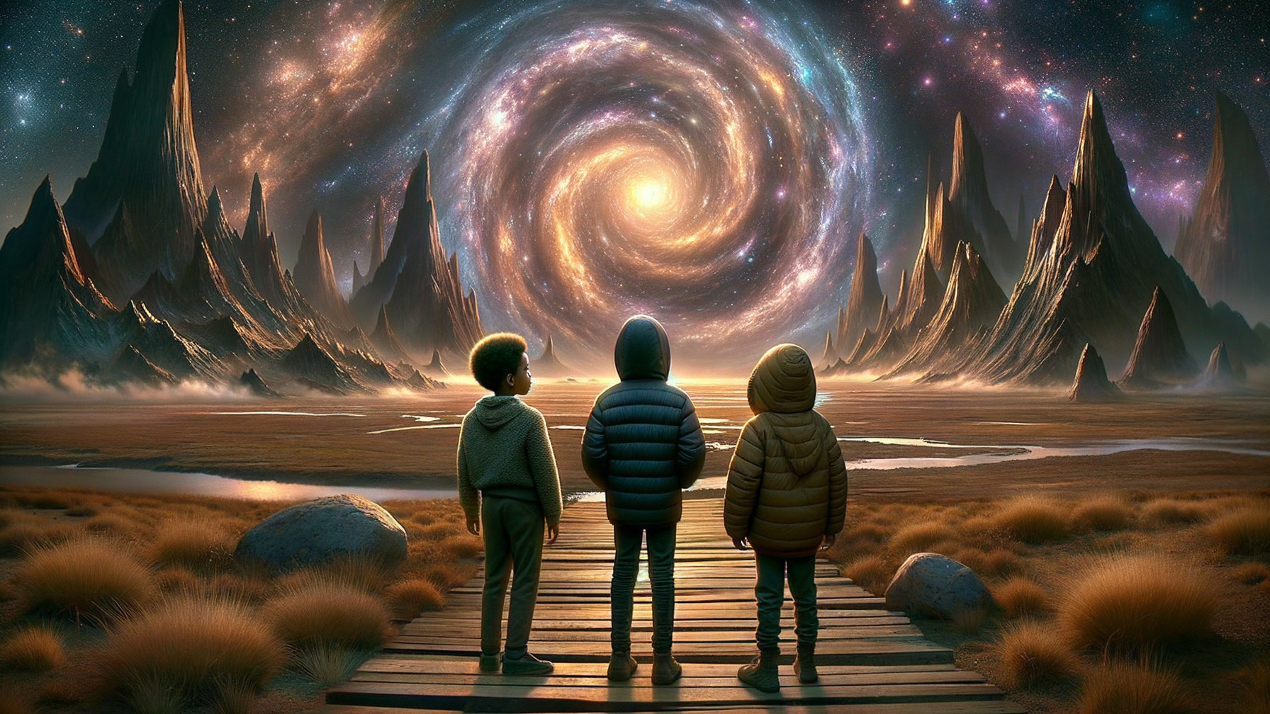 Children on Path Overlooking Cosmic Landscape