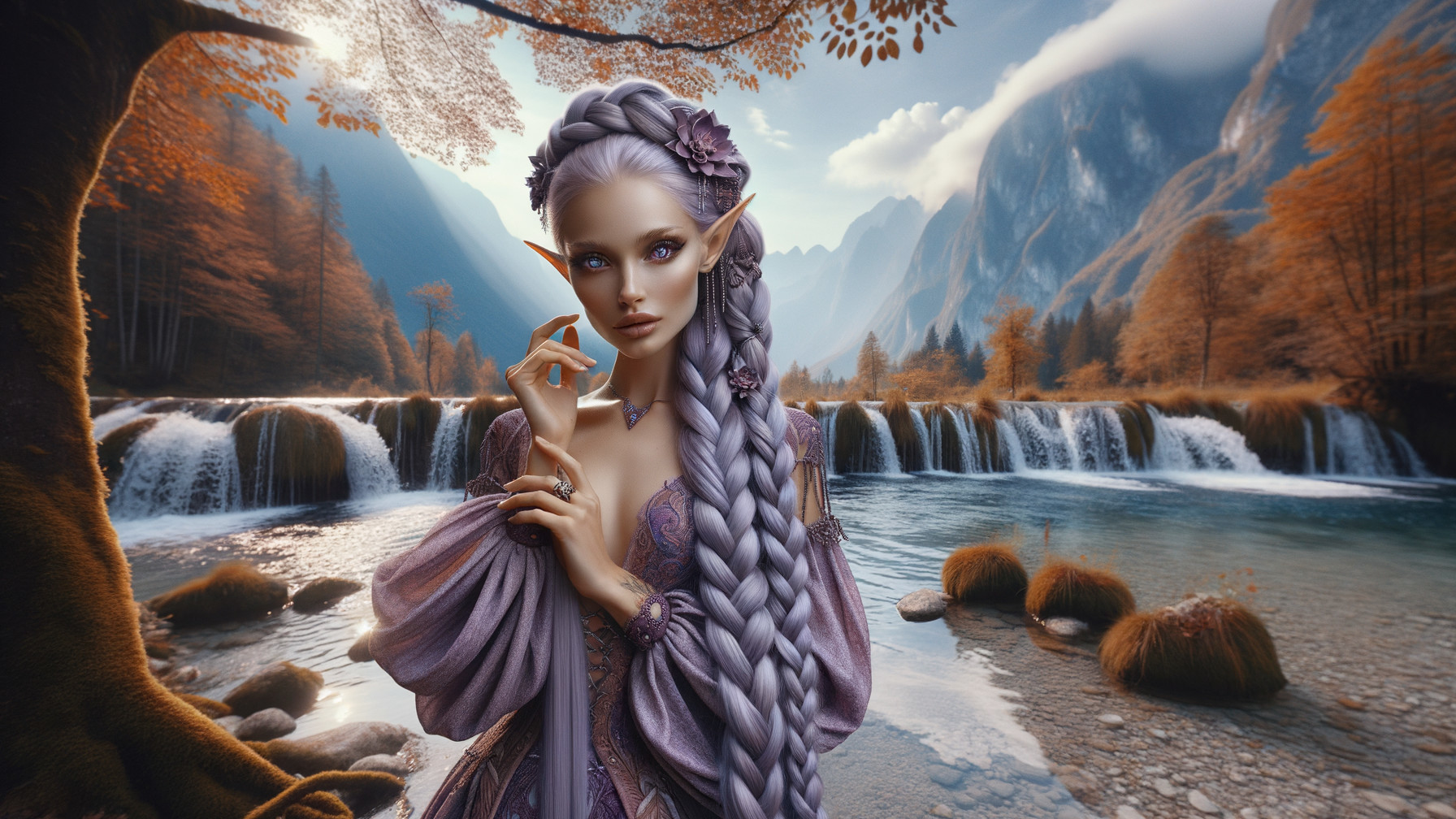 Mystical Elf by Serene River in Autumn Landscape
