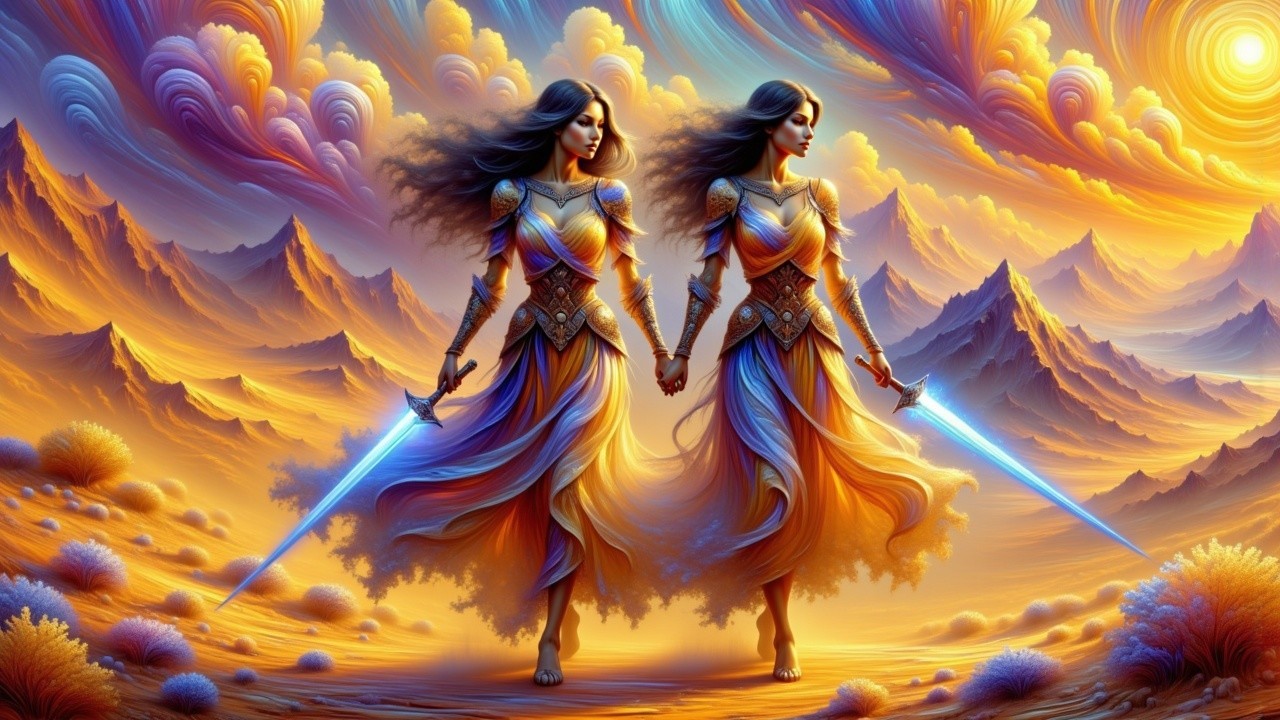 Warrior Figures in Armor Against a Vibrant Sunset