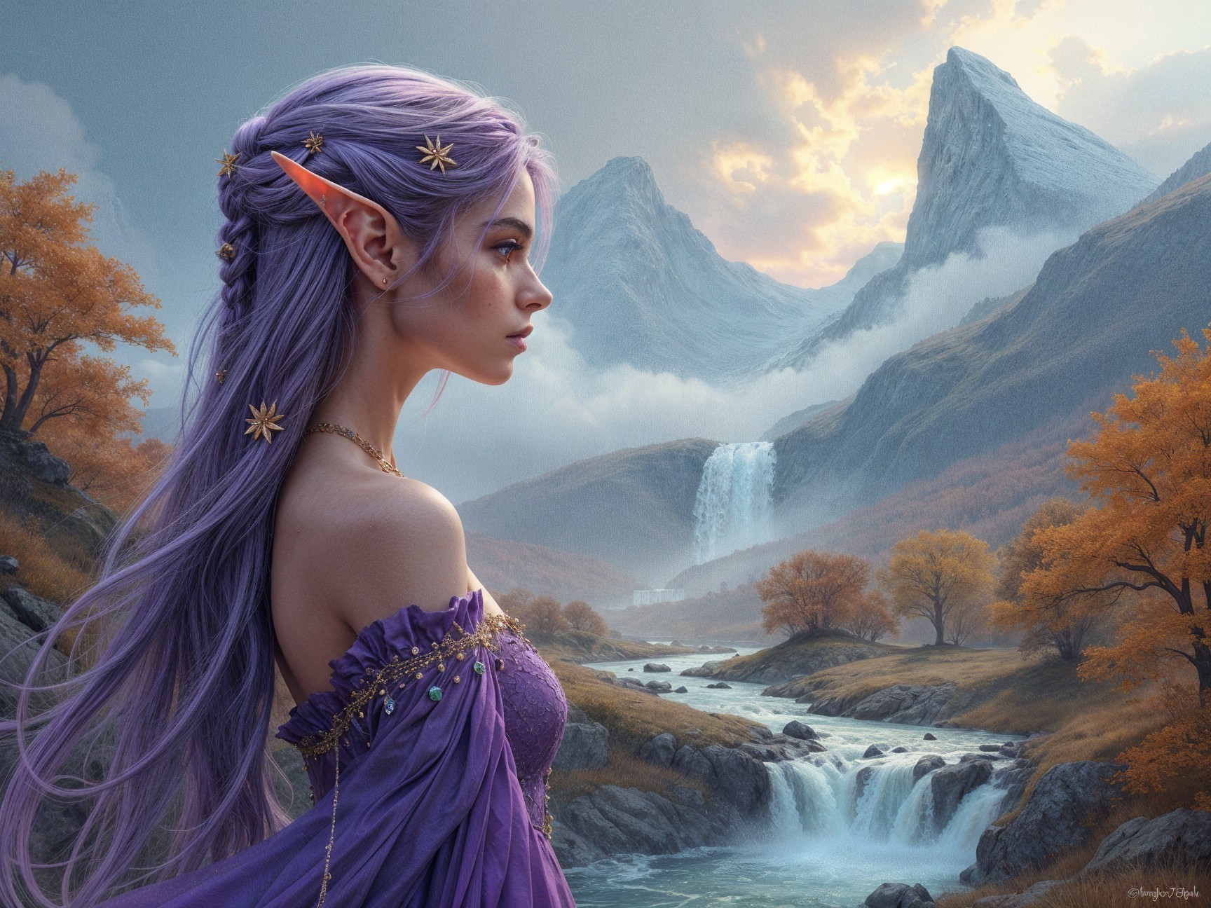 Serene Fantasy Scene with Elf and Majestic Landscape