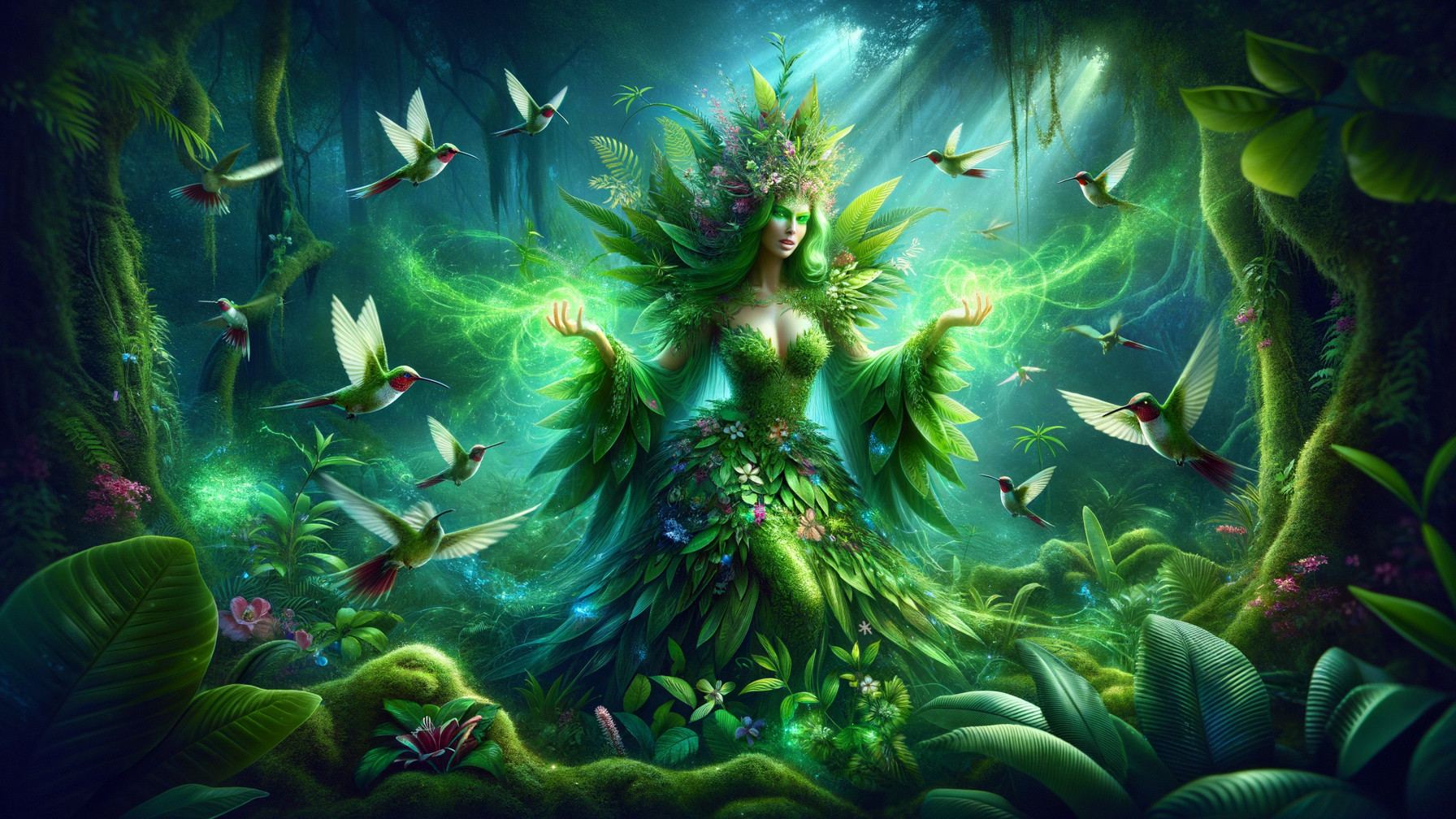 Majestic figure in an enchanted forest with nature's spirit