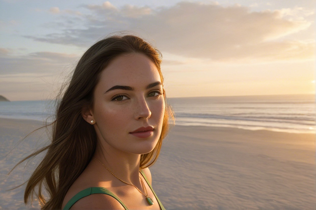 Young woman on a beach at sunset with waves