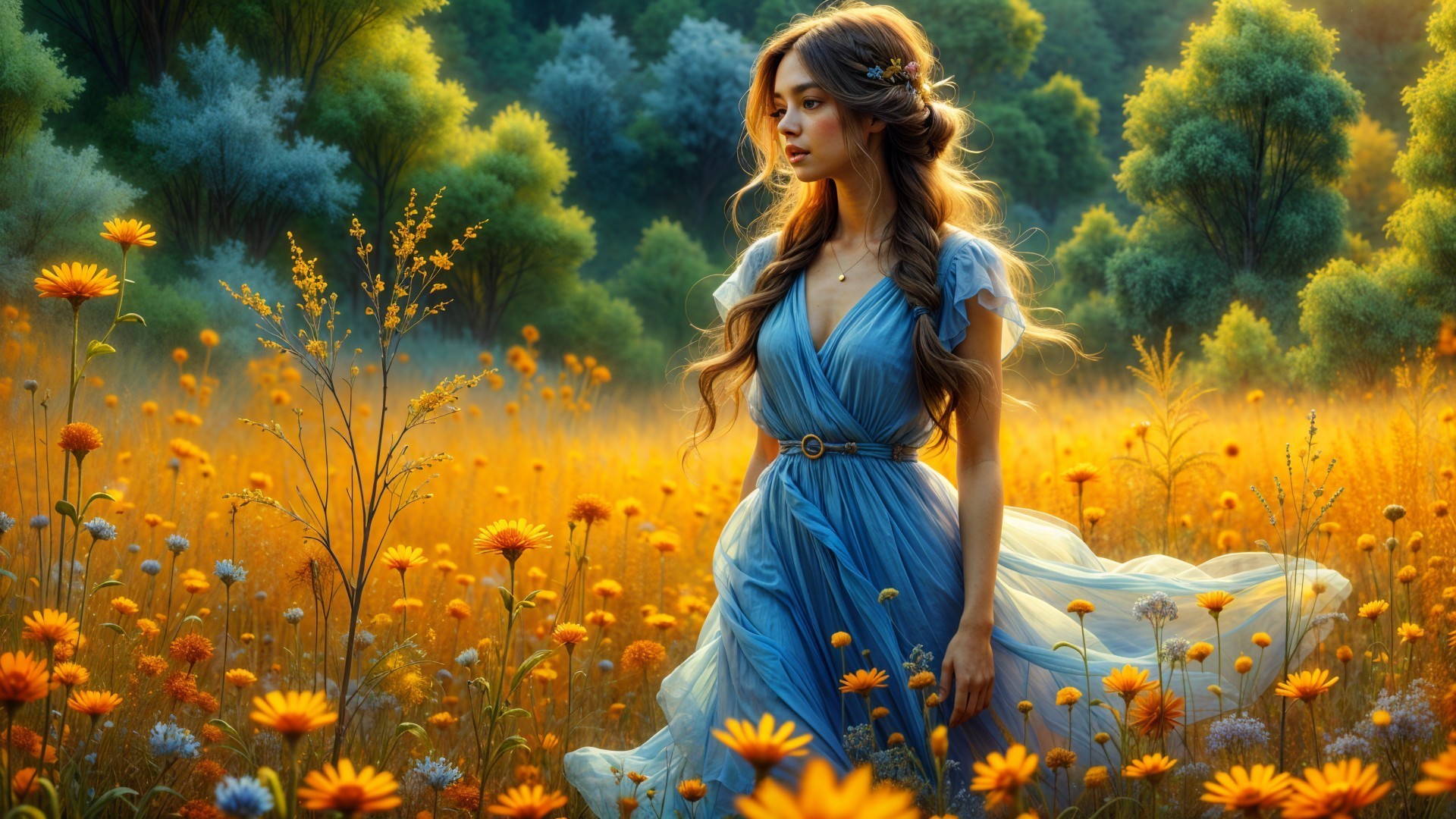 Young Woman in Blue Dress in Flower Field