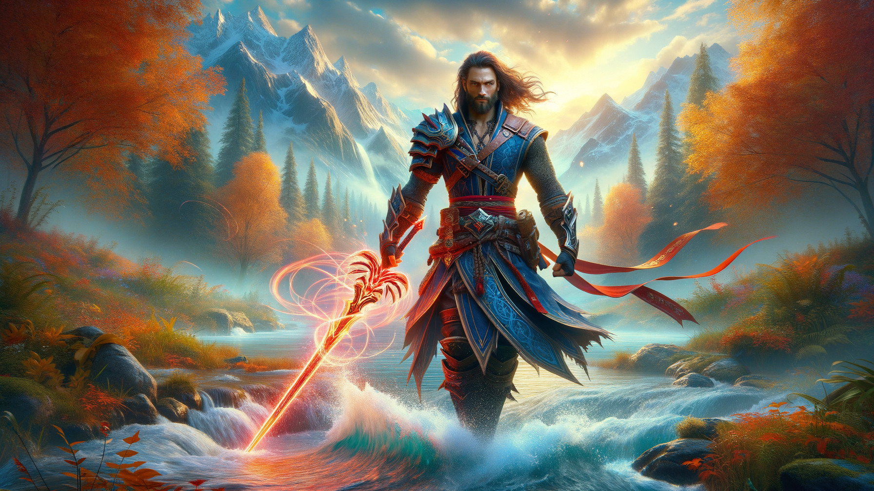 Fierce Warrior in Ornate Armor Amidst Serene Landscape