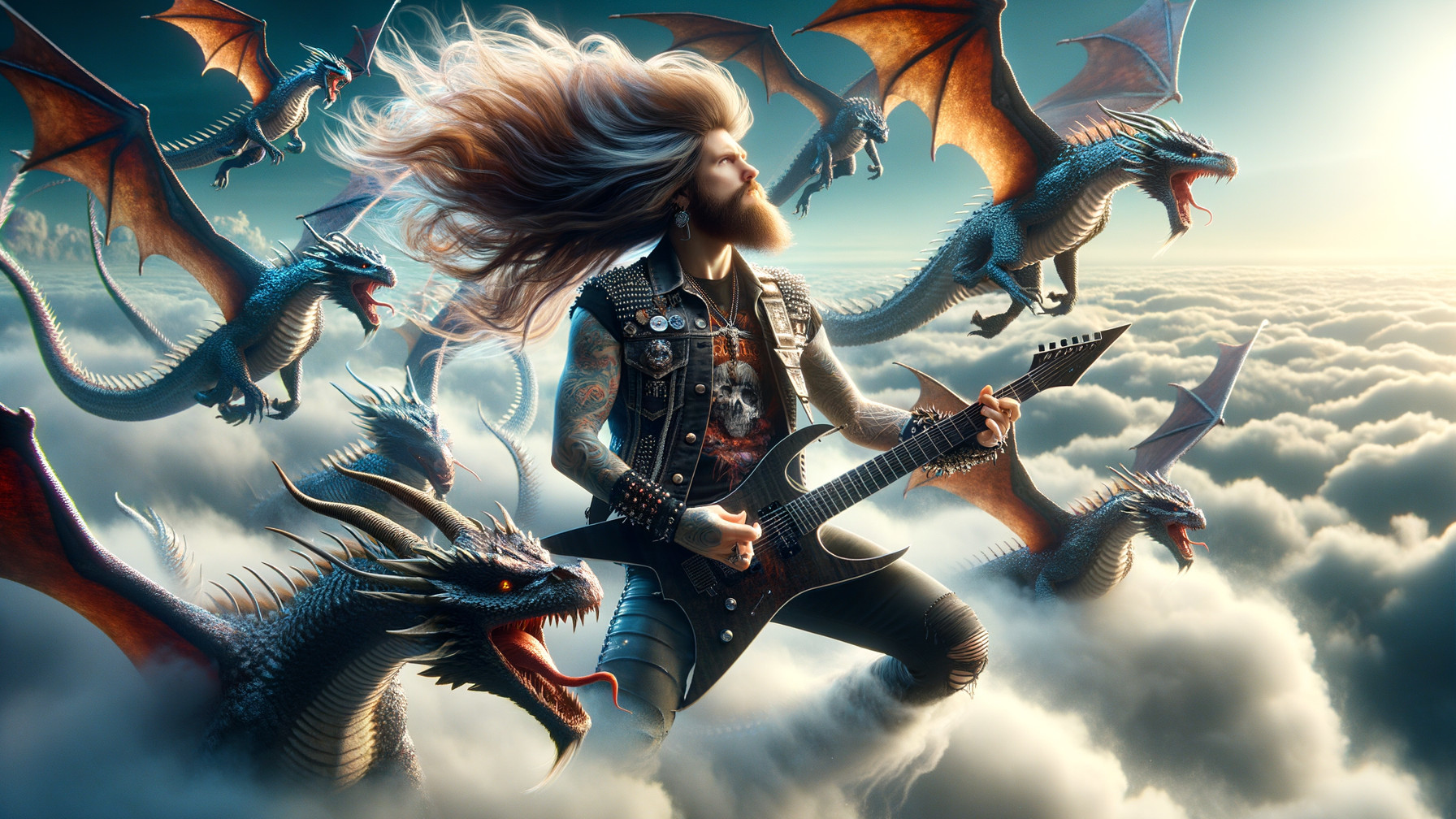Guitarist Surrounded by Dragons in Fantasy Scene
