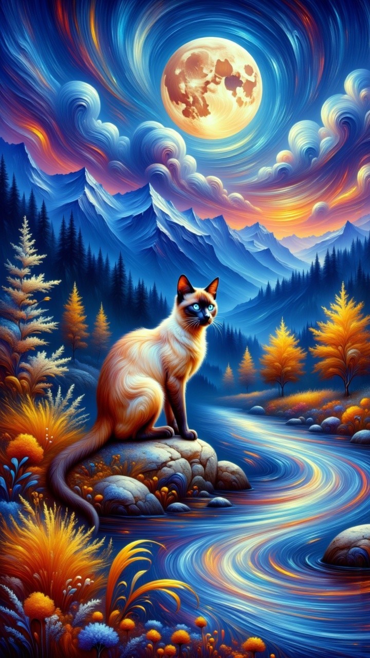 Serene Landscape with Mountain, Moon, and Cat