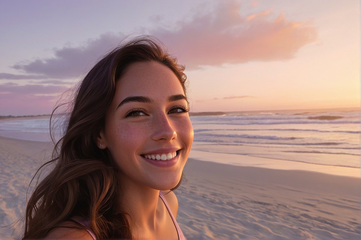 Young woman on serene beach at sunset with waves