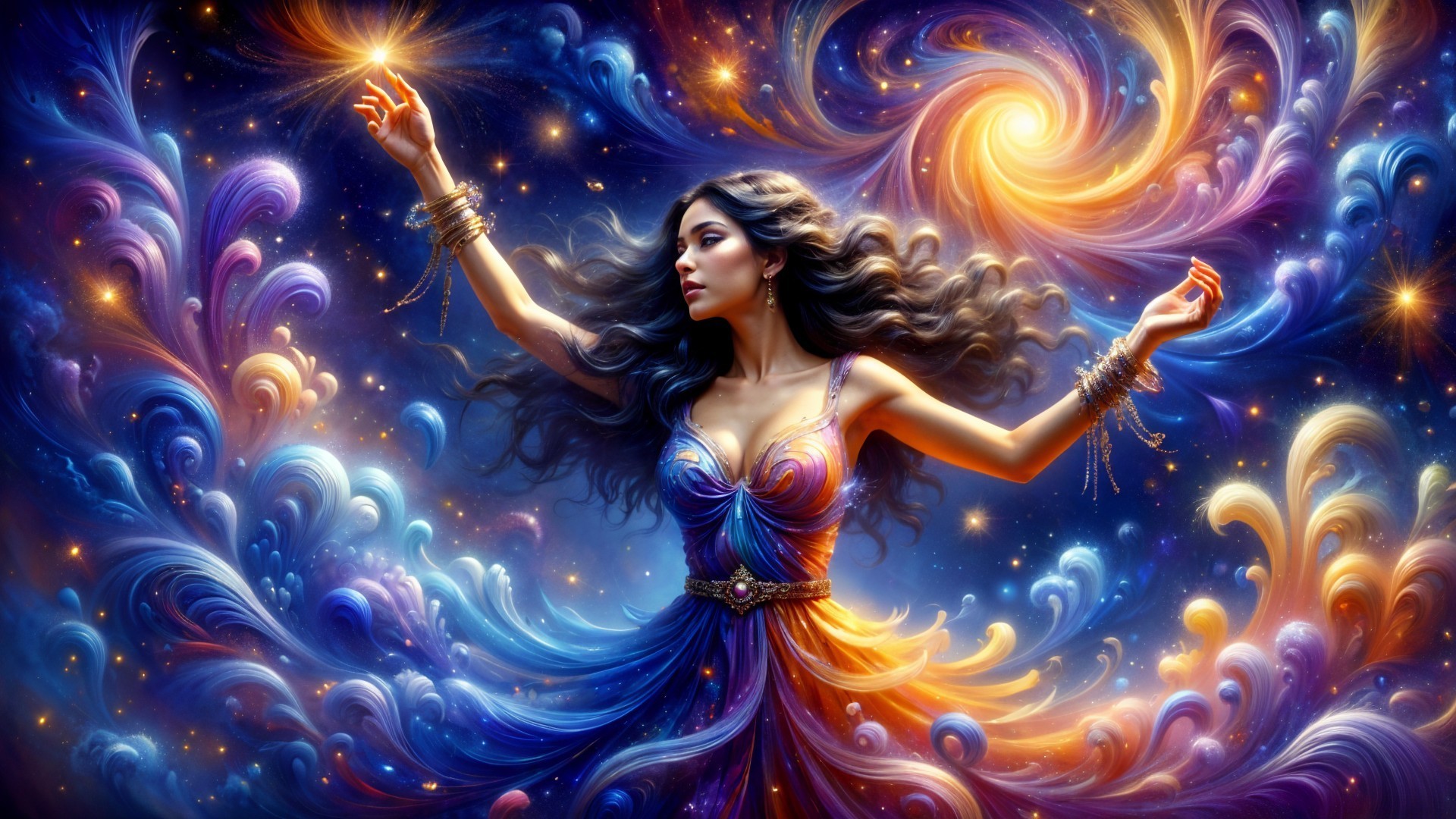Cosmic Dance of a Woman Amidst Swirling Galaxies