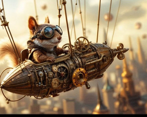 Steampunk Squirrel Piloting Airship Over Fantasy City