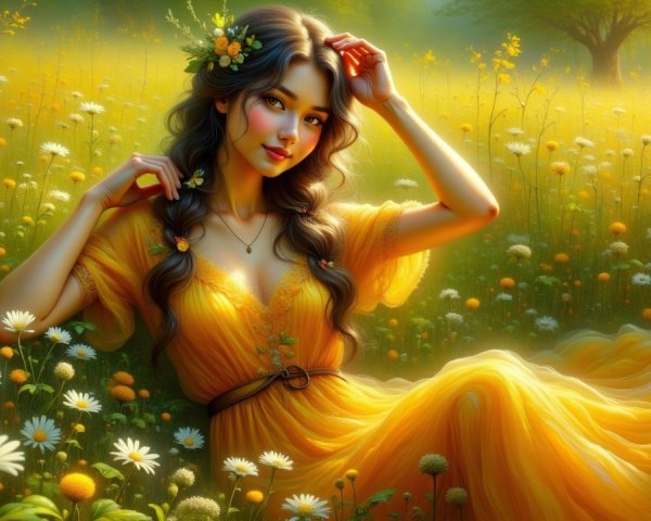 Young woman in yellow dress in vibrant wildflower meadow