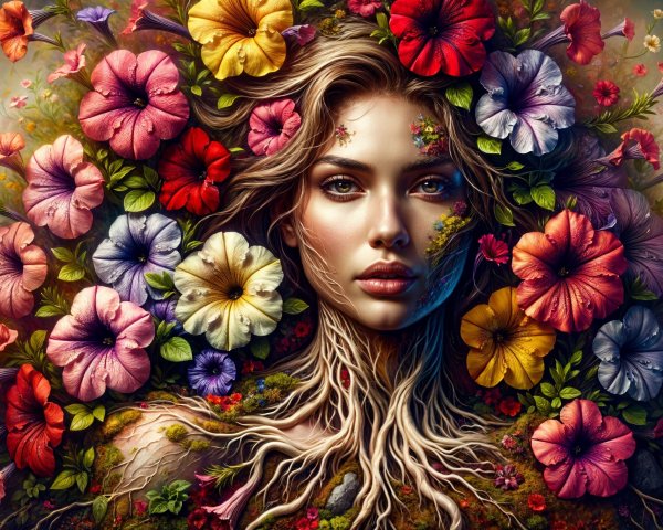 Portrait of a woman amidst vibrant flowers and nature
