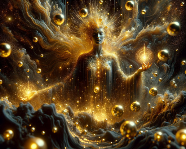 Ethereal Figure Surrounded by Cosmic Light and Orbs