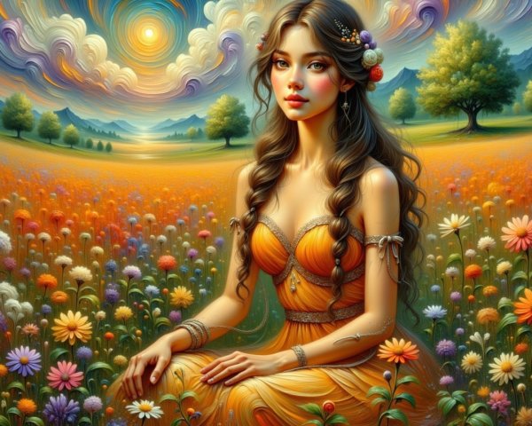 Young Woman in Orange Dress in Vibrant Flower Field