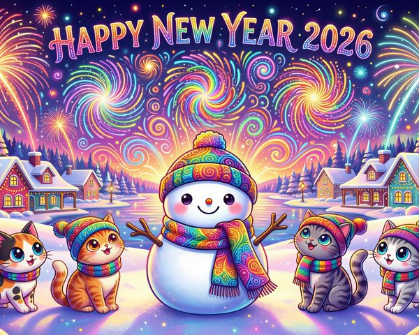Cute Snowman with Kittens in Winter Village Scene