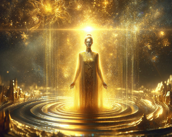 Luminous Figure in Golden Gown by Rippling Waters
