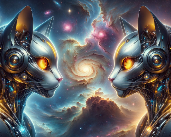 Futuristic robotic cats in a cosmic galaxy backdrop