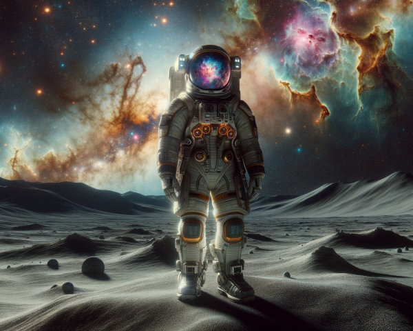 Astronaut on Lunar Landscape with Cosmic Backdrop
