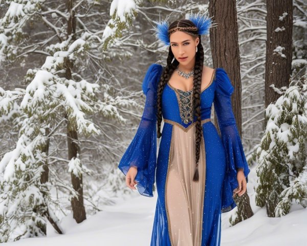 Young woman in gown walking through snowy forest