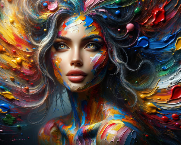 Portrait of a Woman with Multicolored Paint Swirls