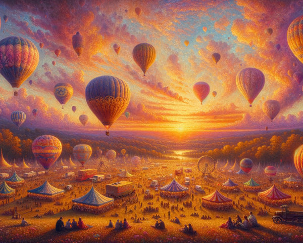 Vibrant Dusk Landscape with Fairground and Balloons