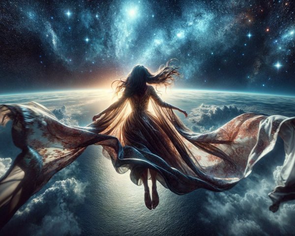 Serene Figure Above Cosmic Landscape with Earth and Stars