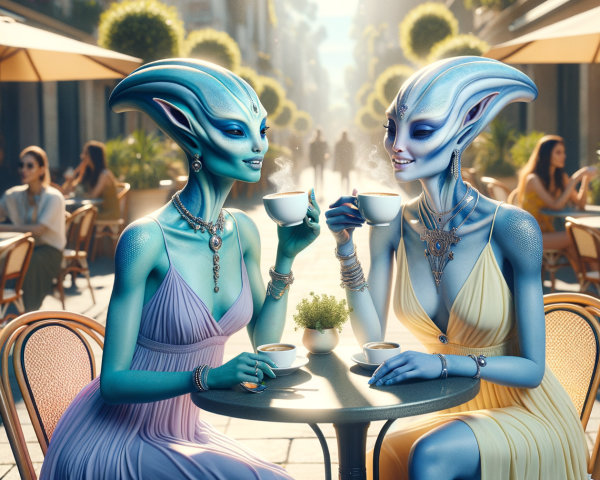 Elegant Aliens at a Café in a Vibrant Street Scene