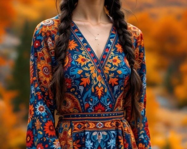 Young Woman in Floral Dress Amid Autumn Landscape