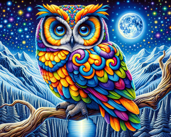 Colorful Owl in a Fantastical Mountain Landscape