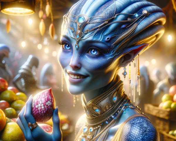 Alien Character in Vibrant Market with Colorful Fruits
