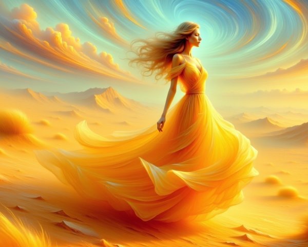 Ethereal figure in a golden desert at sunset