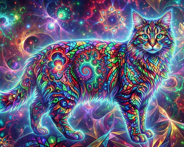 Psychedelic Abstract Painting of a Fluffy Cat