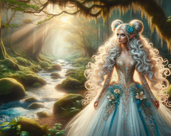 Young elf by sparkling stream in magical forest