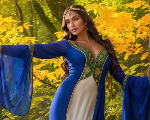 Woman in Blue Gown in Enchanted Forest Setting