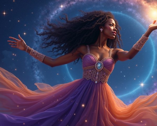 Woman in Celestial Landscape with Cosmic Energies