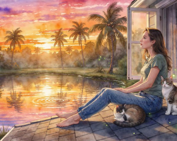 Serene Evening Scene with Woman and Domestic Cats