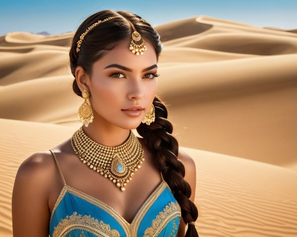 Young Woman in Blue Outfit Amidst Golden Sand Dunes