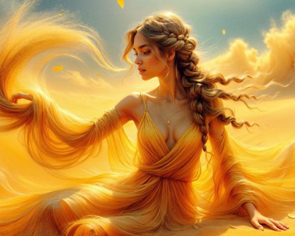 Woman in Yellow Gown in Sunlit Desert Scene