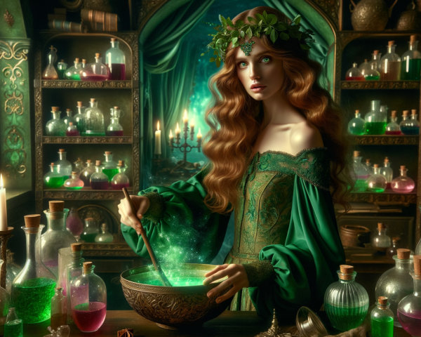 Mystical Potion Room with Woman and Colorful Potions