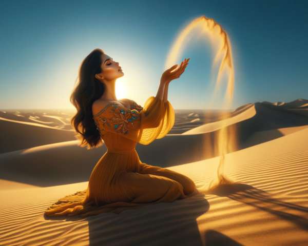 Woman in Yellow Gown Kneeling in Desert at Sunset