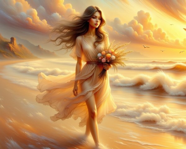 Young woman in flowing dress on beach at sunset