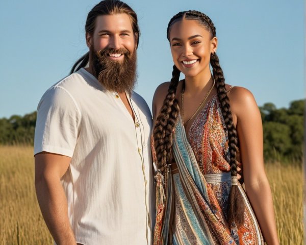Couple in Sunlit Field of Tall Golden Grass