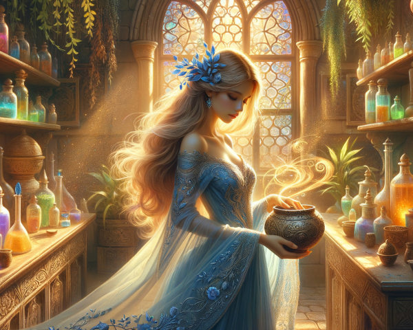 Mystical Potion Shop with Serene Figure and Magic Pot