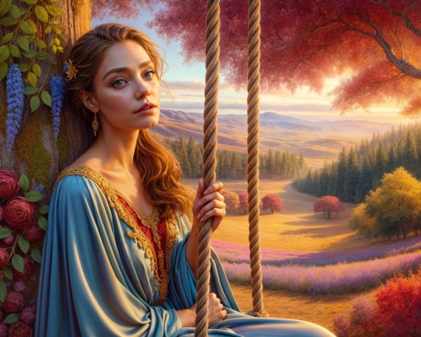 Young Woman on Swing in Autumn Foliage Setting
