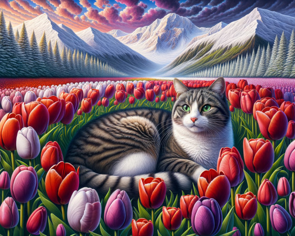 Fluffy Cat Among Tulips and Majestic Mountains