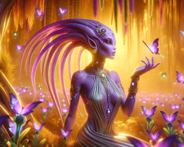 Magical forest scene with lavender figure and butterfly